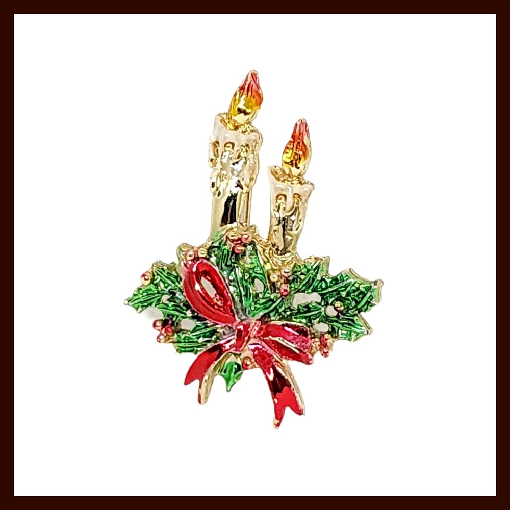 Vintage Christmas Candlestick Candle Holly Bow Enamel Gold Tone Pin Brooch